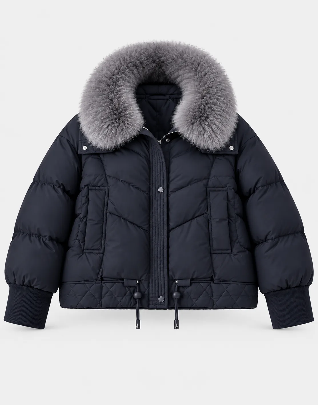 Navy Puffer Jacket with Fur Collar کاپشن پفی خزدار مشکی زنانه مدل 1139 | استایل شیک و مینیمال - تصویر 1